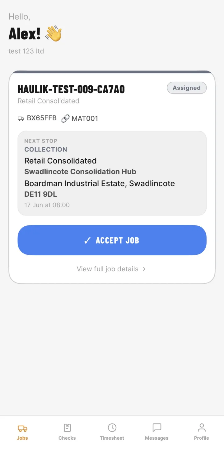 HauliK driver app jobs screen — assigned job with collection details and one-tap job acceptance