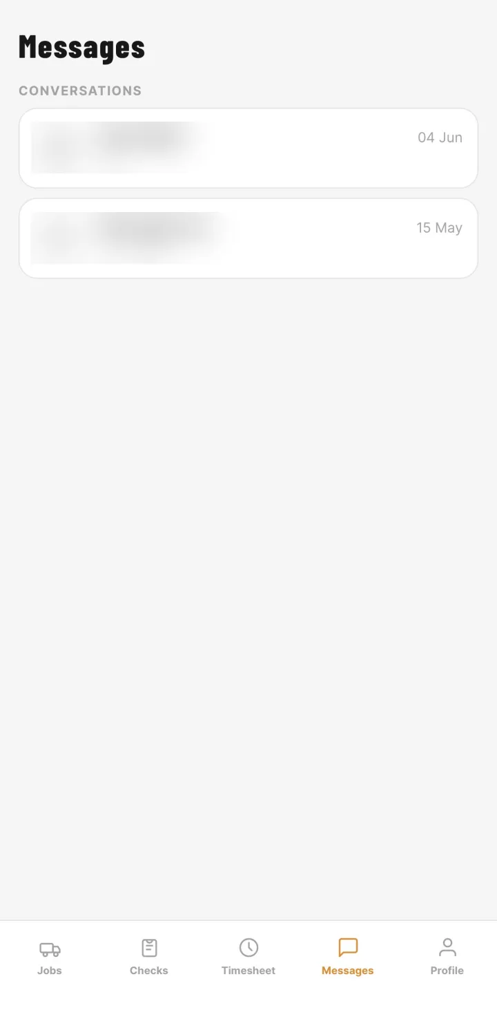 HauliK driver app messaging screen — conversations between the office and drivers (personal names blurred for privacy)