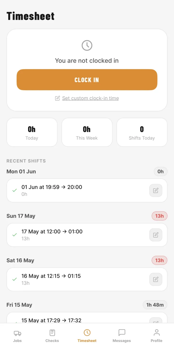 HauliK driver app timesheet screen — driver clock-in and recent shift hours