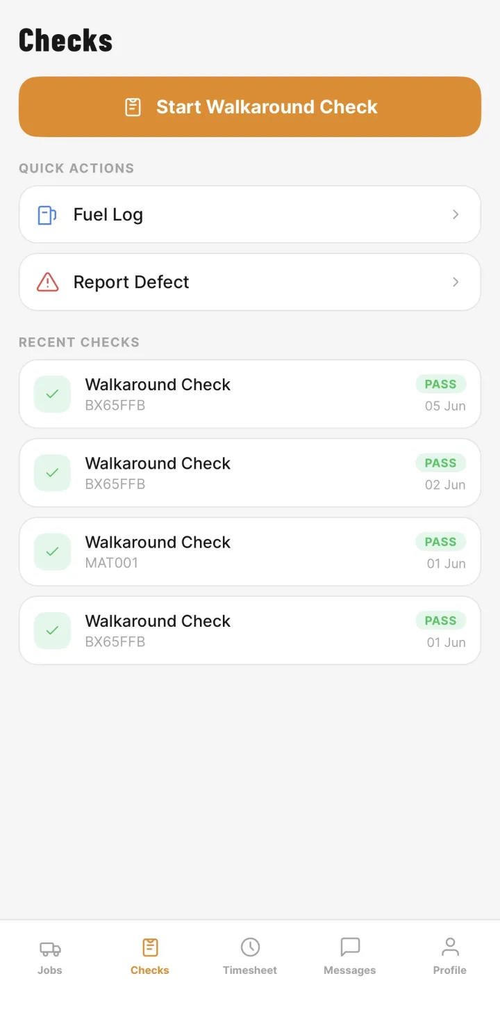 HauliK driver app checks screen — start a DVSA walkaround check, fuel log and defect reporting with recent check history