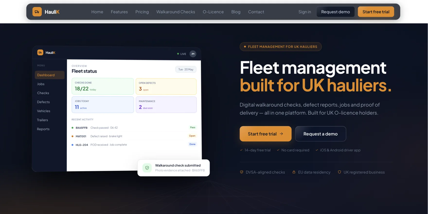 HauliK web dashboard showing fleet management tools — daily walkaround checks, open defects, active jobs and maintenance due for a UK haulage fleet